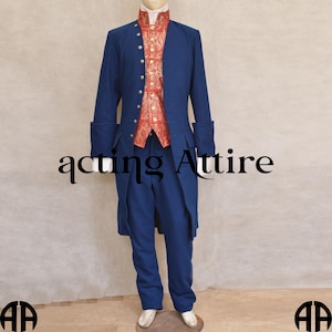 Blue Wool 18th Century Men&#39;s Frock Coat: Historical Colonial Outfit