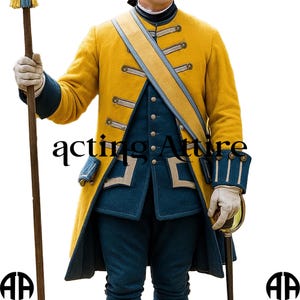 May include: A yellow military-style coat with silver buttons and a blue sash. The coat is paired with a blue vest and pants. The image includes the text "acting Attire". The person is wearing white gloves and holding a staff and sword.