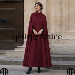 Burgundy Wool Cape Cloak, Victorian Gothic Full Length Winter Coat