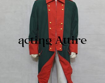 May include: A long, green and red coat with gold buttons. The coat has a high collar and a long tail. The text "acting Attire" is printed on the front of the coat.