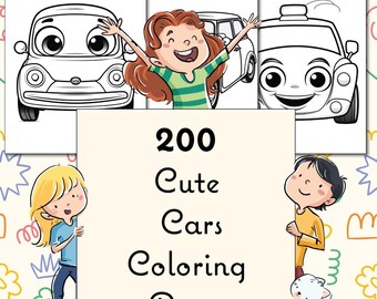 Può includere: Una copertina di un libro da colorare con 200 pagine da colorare di auto carine. La copertina presenta tre illustrazioni in bianco e nero di auto con facce sorridenti e due bambini che tengono le pagine.
