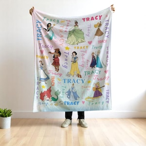 Custom Disney Princess Blanket – Personalized Watercolor Girl Baby Gift, Princess Birthday Throw, WDW Disneyland Bedding for Kids