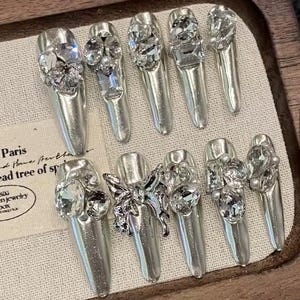 Anéis de prata longos Angelic Almond Press ons 10ct