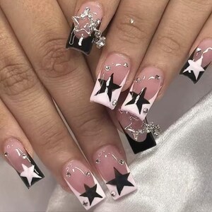 ロングスクエア ブラック フレンチ スパークリング ダイヤモンド スター プレスオン 24 カラット