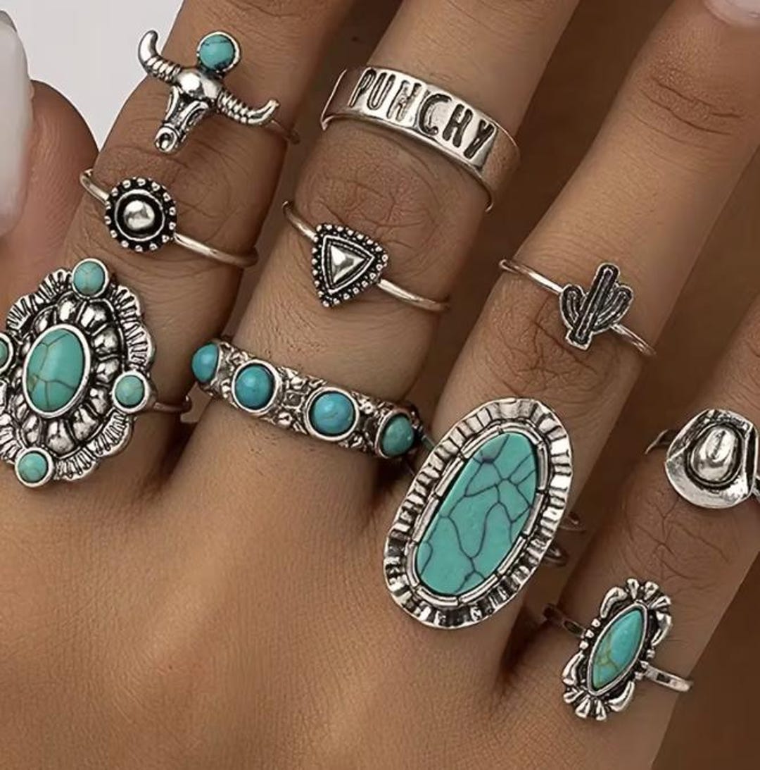 Western Style Rings Turquoise Western Style Rings 10 or 14 PC Ring Set - Etsy