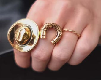 Cowboy + Horseshoe Silver and Gold Ring Stack