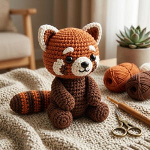Virkmönster för röd panda Amigurumi Söt röd panda Virkmönster för djur Enkelt nybörjarmönster Handgjort DIY-plyschleksak PDF-handledning Digital nedladdning