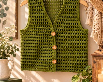 Modello di gilet all'uncinetto con scollo a V e bordo smerlato, senza maniche, top estivo, adatto ai principianti, fatto a mano, tutorial PDF, download digitale