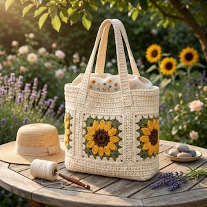 May include: A cream-colored crochet tote bag featuring sunflower granny square motifs with yellow petals and brown centers. The bag has two handles and a drawstring fabric liner with embroidered floral details. A straw hat and yarn are nearby.