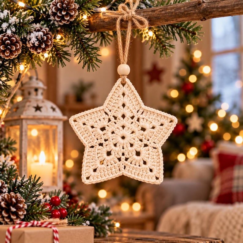 Crochet Christmas star pattern PDF easy hanging ornament