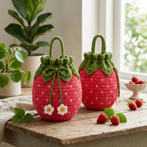 May include: Two handmade crochet bags shaped like strawberries, featuring red bodies with white stitched seeds, green tops, and handles. The front bag includes a green drawstring bow with two white and yellow flower accents, while the other is plain.