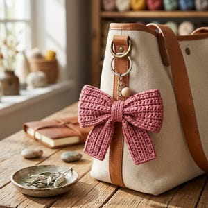 Könnte beinhalten: Ein altrosa gehäkelter Schleifen-Schlüsselanhänger an einer cremefarbenen Canvas-Tasche mit hellbraunen Lederdetails. Das Accessoire besteht aus einem silberfarbenen Metallring, einer kurzen Kette und einer kleinen Holzperle am Seitenriemen.
