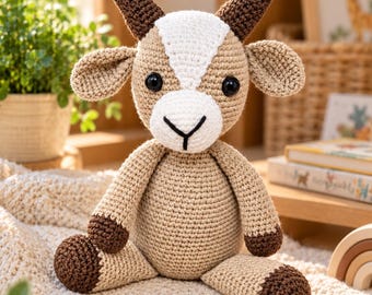 Schema per uncinetto di una capra, modello amigurumi di un animale domestico all'uncinetto, simpatico peluche a forma di capra, adatto ai principianti, fatto a mano, tutorial in PDF, download immediato.