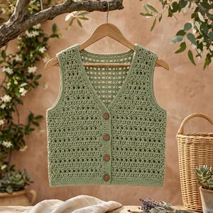 May include: A sage green sleeveless crochet vest featuring a V-neckline and a button-down front with four round brown buttons. The garment is crafted with a repeating openwork stitch pattern and is displayed on a wooden hanger.