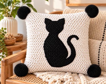 Può includere: Un cuscino decorativo quadrato in maglia color crema con una silhouette di gatto lavorata all'uncinetto in nero al centro. Il cuscino è decorato con quattro grandi pon-pon neri testurizzati fissati a ciascuno dei quattro angoli.
