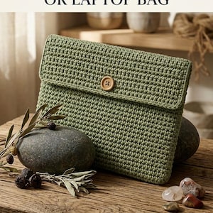 Könnte beinhalten: Eine salbeigrüne Häkeltasche oder Laptoptasche mit einem einzelnen Holzknopfverschluss. Der Text oben lautet CROCHET CLUTCH OR LAPTOP BAG, und der Text unten lautet INSTANT DOWNLOAD HIGH QUALITY.