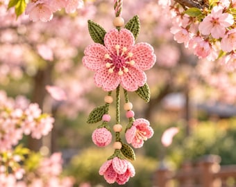 Schema di fiori da appendere all'uncinetto, ghirlanda boho da appendere in auto, decorazione con fiori di ciliegio, facile da realizzare a mano, tutorial PDF da scaricare digitalmente