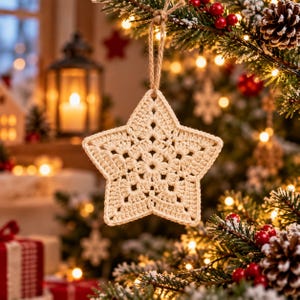 Può includere: Un ornamento all'uncinetto a forma di stella color crema, caratterizzato da un intricato motivo floreale traforato al centro. La stella è sospesa tramite un sottile cappio in corda di juta color naturale, ideale per essere appesa a un ramo.