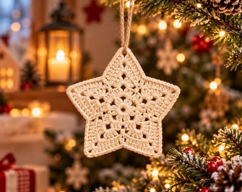 Può includere: Un ornamento all'uncinetto a forma di stella color crema, caratterizzato da un intricato motivo floreale traforato al centro. La stella è sospesa tramite un sottile cappio in corda di juta color naturale, ideale per essere appesa a un ramo.
