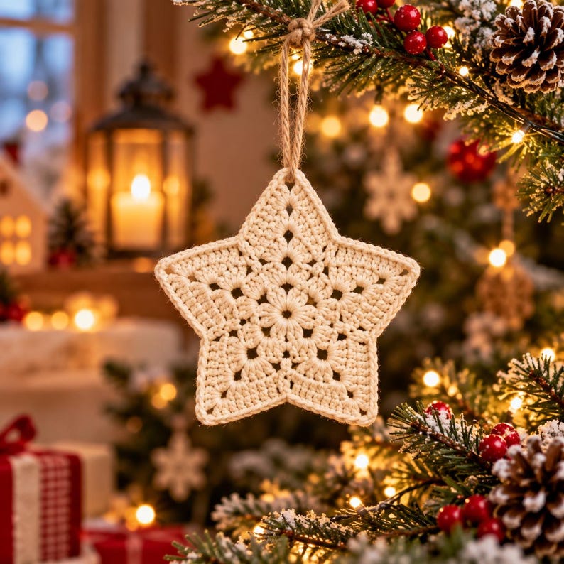 Crochet Christmas star pattern PDF easy hanging ornament