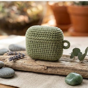 May include: A sage green crochet AirPod case with a small side loop. The text CROCHET AIRPOD CASE is at the top, and INSTANT DOWNLOAD • HIGH QUALITY is at the bottom. The case features a textured, stitched pattern and a fitted lid design.