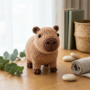 May include: A tan crochet capybara plush toy with a darker brown snout and feet, featuring small black bead eyes and a rounded body. The stuffed animal is crafted with visible yarn stitches, creating a textured surface throughout the figure.