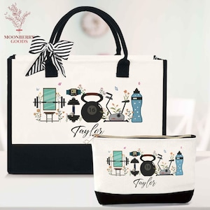 May include: A white tote bag and matching cosmetic bag with black trim, handles, and a bow. The bags feature a fitness-themed design with a weight, kettlebell, exercise bike, and water bottle. The name "Taylor" is printed on the bags.