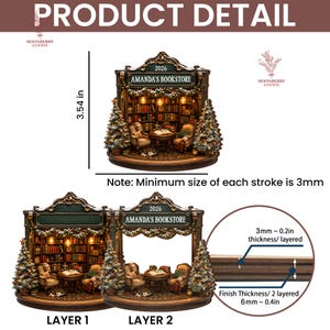 May include: A layered wooden ornament featuring a bookstore interior with two armchairs, a table, and Christmas trees. The sign reads AMANDA'S BOOKSTORE and 2026. It measures 3.54 inches in height, with a 3mm layer thickness and 6mm total thickness.