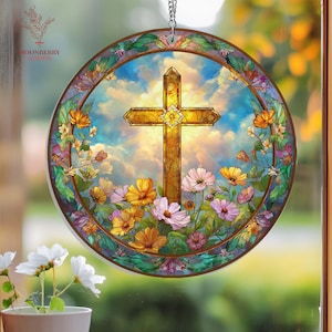 Christian Cross Wildflower Acrylic Sucatcher, Window Decor, Floral Suncatcher, Religious Gift, Jesus Home Decor, Religious Cross Suncatcher