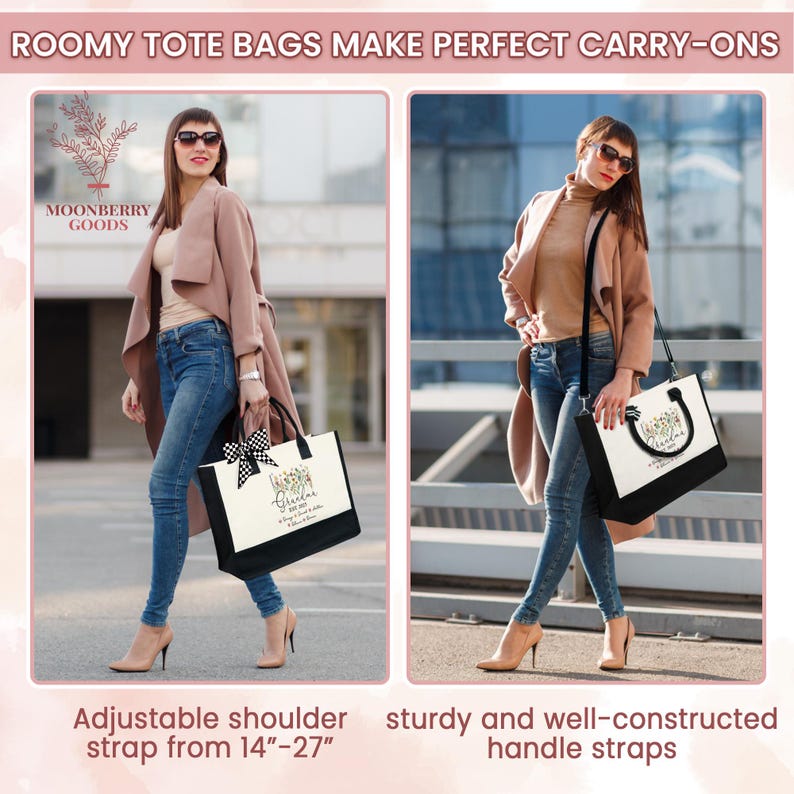 May include: Two women are modeling tote bags with adjustable shoulder straps. The bags are white with black trim and feature a floral design and the text "Grandma, my heart is full of love for you". The bags have a black and white checkered pattern on the handles. The tote bags are roomy and make perfect carry-ons.