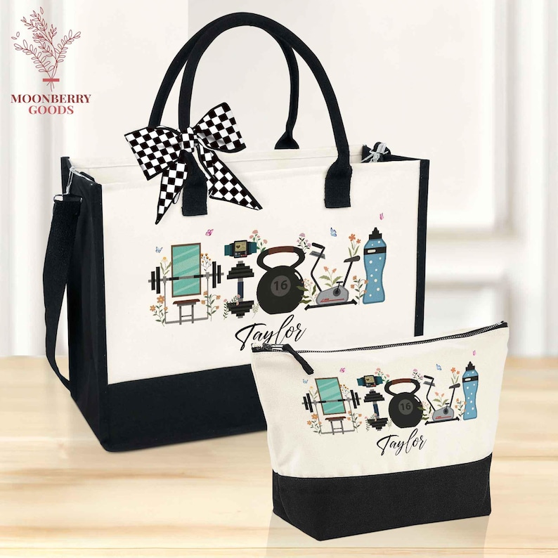 May include: A white and black tote bag and matching cosmetic bag. The bags feature a black base and handles, with a personalized design of gym equipment, flowers, and the name "Taylor". A checkered bow adorns the tote.