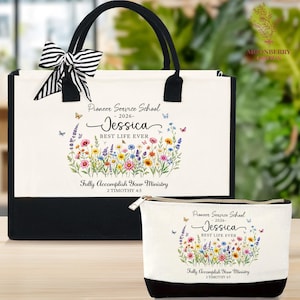 May include: A canvas tote bag and matching cosmetic bag. Both are off-white with black accents and handles. They feature a floral design with butterflies and the text "Pioneer Service School - 2026 - Jessica - Best Life Ever".