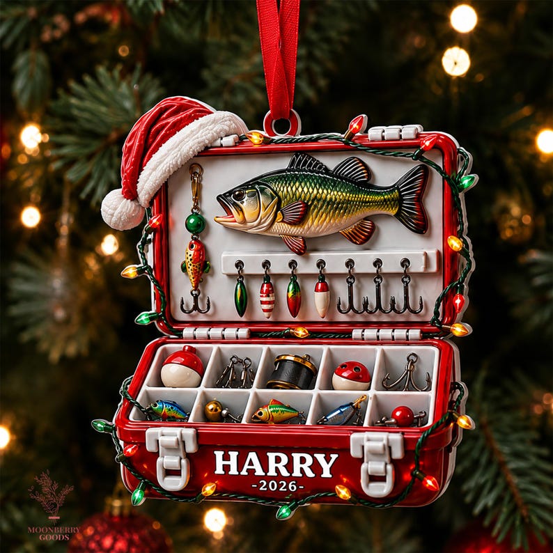 May include: A red tackle box Christmas ornament featuring a Santa hat on top, a bass fish, and various fishing lures inside. The box is wrapped in string lights and displays the name HARRY and the year 2026 in white text on the front exterior.