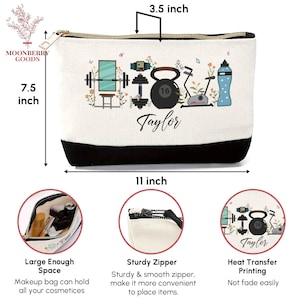May include: A white canvas makeup bag with a black base, measuring 11 inches wide, 7.5 inches high, and 3.5 inches deep. The bag features a zipper closure and a design with gym equipment and the name "Taylor".