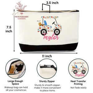 Op de afbeelding: Witte canvas make-uptas met een zwarte basis, 28 cm breed, 19 cm hoog en 9 cm diep. Het heeft een golfkar-ontwerp met de naam "Taylor" in roze. De tas heeft een stevige rits en is met warmte overgebracht bedrukt.