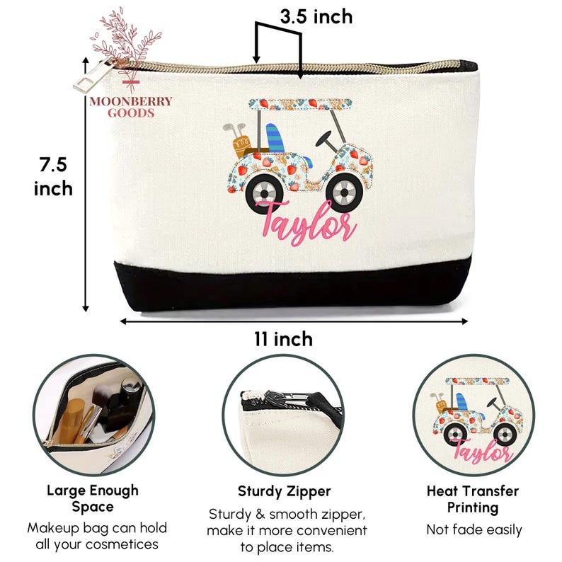 Op de afbeelding: Witte canvas make-uptas met een zwarte basis, 28 cm breed, 19 cm hoog en 9 cm diep. Het heeft een golfkar-ontwerp met de naam "Taylor" in roze. De tas heeft een stevige rits en is met warmte overgebracht bedrukt.