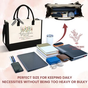 May include: A black and white tote bag with a floral design and the text "Grandma Est. 2025" on the front. The bag is shown with a laptop, books, a phone, glasses, and a water bottle inside.