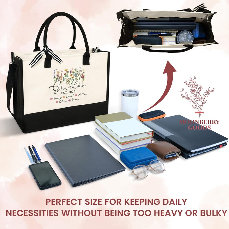 May include: A black and white tote bag with a floral design and the text "Grandma Est. 2025" on the front. The bag is shown with a laptop, books, a phone, glasses, and a water bottle inside.