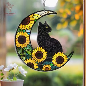 Black Cat on Moon ACRYLIC Window Hangings, Cat Memorial Suncatcher, Gift For Cat Lovers, Cat Loss Gifts, Sunflower Black Cat Window Decor