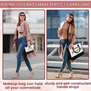 May include: Two images of women wearing sunglasses and carrying tote bags. The bags are black and white with text that reads "MAHJONG" and "FASHION". The women are wearing jeans, heels, and coats. The text at the bottom says "Makeup bag can hold all your cosmetics" and "sturdy and well-constructed handle straps."