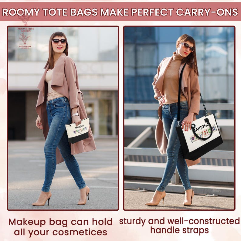 May include: Two images of women wearing sunglasses and carrying tote bags. The bags are black and white with text that reads "MAHJONG" and "FASHION". The women are wearing jeans, heels, and coats. The text at the bottom says "Makeup bag can hold all your cosmetics" and "sturdy and well-constructed handle straps."