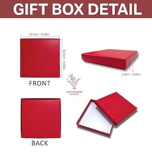 May include: A square red gift box with a textured finish. Dimensions are 4.06 inches by 4.06 inches by 0.95 inches. The box is shown from the front, back, and side angles, with one view showing the box open to reveal a white interior base.