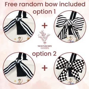 May include: An image showcasing two tote bag options with a free random bow. Option 1 features a black and white striped bow, while option 2 displays a black and white checkered bow. The text "Free random bow included" is at the top.