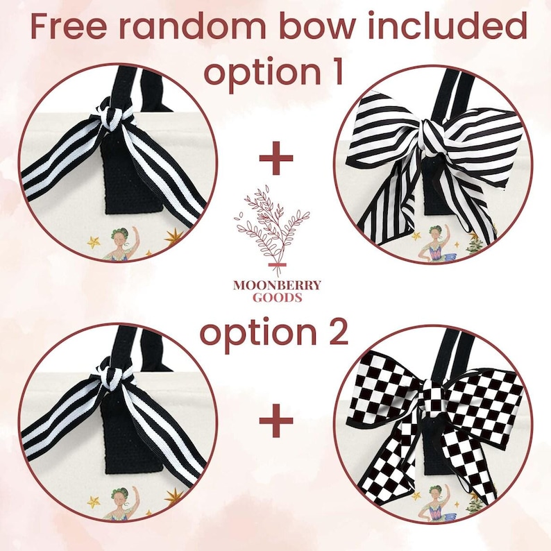 May include: An image showcasing two tote bag options with a free random bow. Option 1 features a black and white striped bow, while option 2 displays a black and white checkered bow. The text "Free random bow included" is at the top.