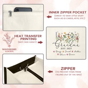May include: A white canvas tote bag with a black zipper and a black handle. The bag has a heat transfer print of a floral design with the text "Grandma Est. 2025 Daisy Jacob Arthur Olivia Diana". The bag also has an inner zipper pocket.