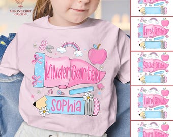 First Day of Kindergarten Shirt for Kids, Back To School Shirt for Girls, Kindergarten Girl Outfit, Custom Name Flag Shirt, Pen*ant Shirt