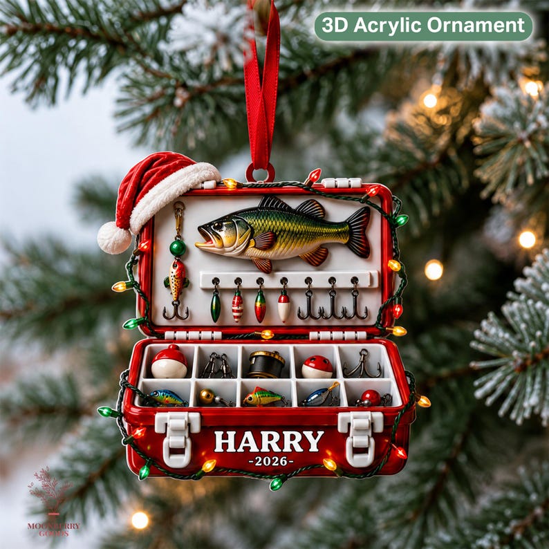 May include: A 3D acrylic ornament shaped like an open red fishing tackle box with a Santa hat on top. The box contains a fish graphic, lures, and hooks. The front is printed with the name HARRY and the year 2026, wrapped in string lights.