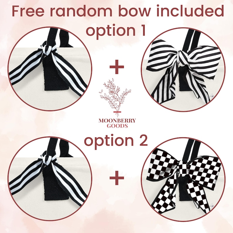 May include: Two tote bags with black and white striped bows. The text "Free random bow included" and "option 1" and "option 2" are visible. The text "Moonberry Goods" is also visible.