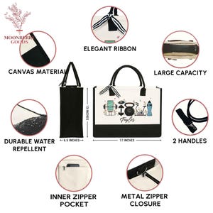 May include: A black and white tote bag with a fitness theme, featuring a kettlebell, exercise equipment, and the name "Taylor." The bag is 17 inches wide, 13 inches tall, and 6.5 inches deep, with an elegant ribbon and two handles.