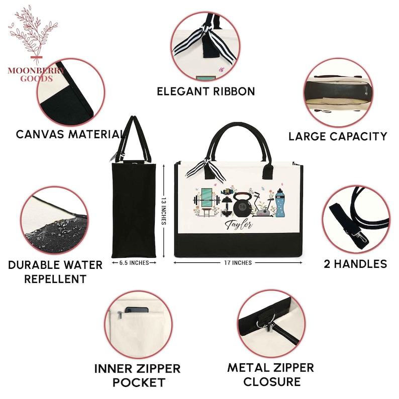 May include: A black and white tote bag with a fitness theme, featuring a kettlebell, exercise equipment, and the name "Taylor." The bag is 17 inches wide, 13 inches tall, and 6.5 inches deep, with an elegant ribbon and two handles.